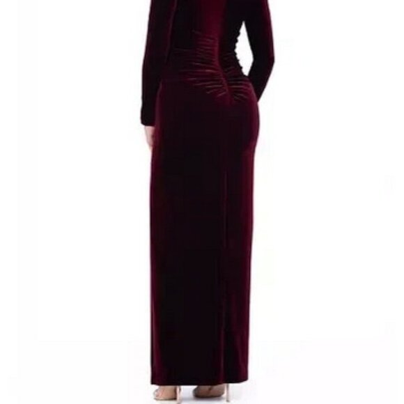 Xscape Burgundy Long-Sleeve Front-Slit Velvet Gown - Picture 6 of 6